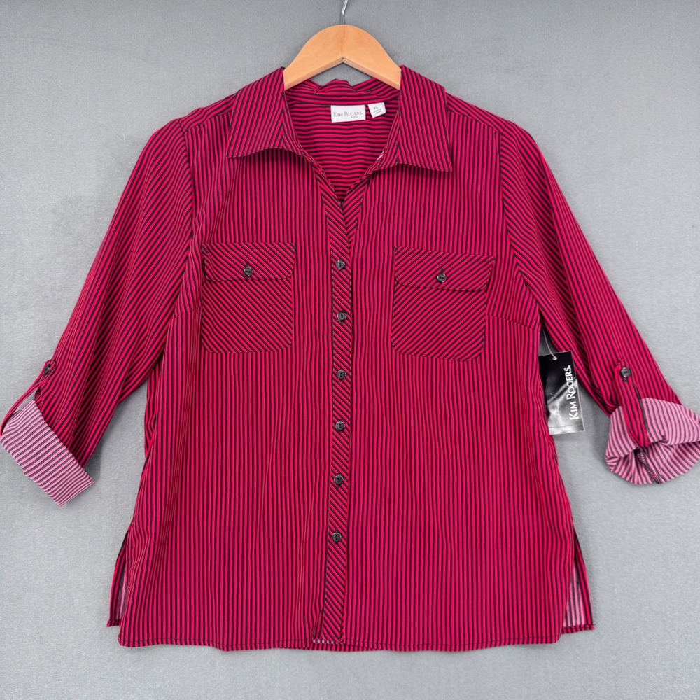 Kim Rogers Button Up Shirt Petite L Red Black Striped Roll Tab Sleeve Office NWT
